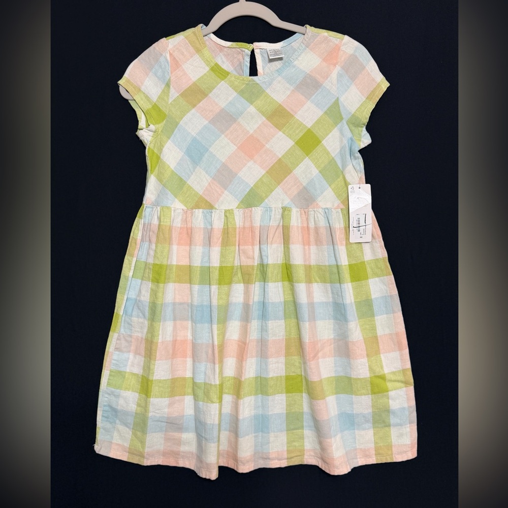 Plaid Linen Cotton Kids Dress in Green, Blue, Pink lightweight old new stock2018